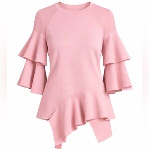 Gracia | Blush Pink Mesh Ruffle Asymmetrical Hem Top | L